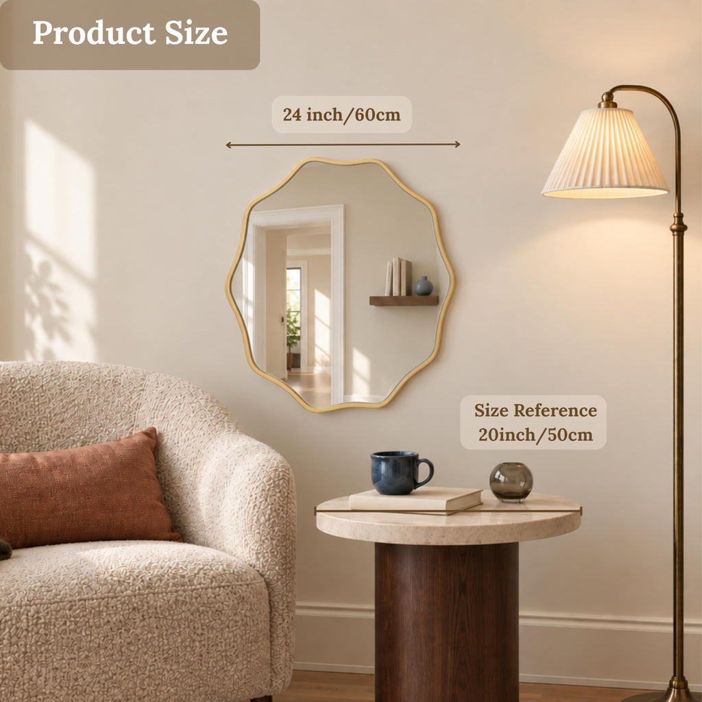 Gold Scalloped Mirror, 24'' Round Wall Mirrors Wavy Wood Framed Nursery Bedroom Living Room Entryway, Decorative