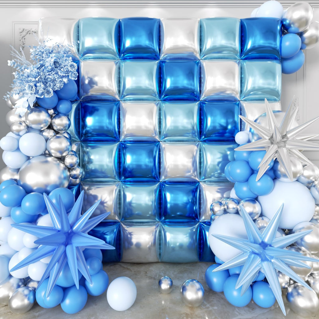 36pcs Blue and Silver Square Foil Balloons Wall Backdrop with 121pcs Balloon Garland Arch Kit, Double Sided Balloons