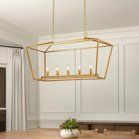 5 Lights W39'' Modern Industrial Linear Lantern Geometric Chandelier in Matte Gold Rectangle Cage Chandeliers for Dining Room Kitchen Island A128-B0DRVNN37L