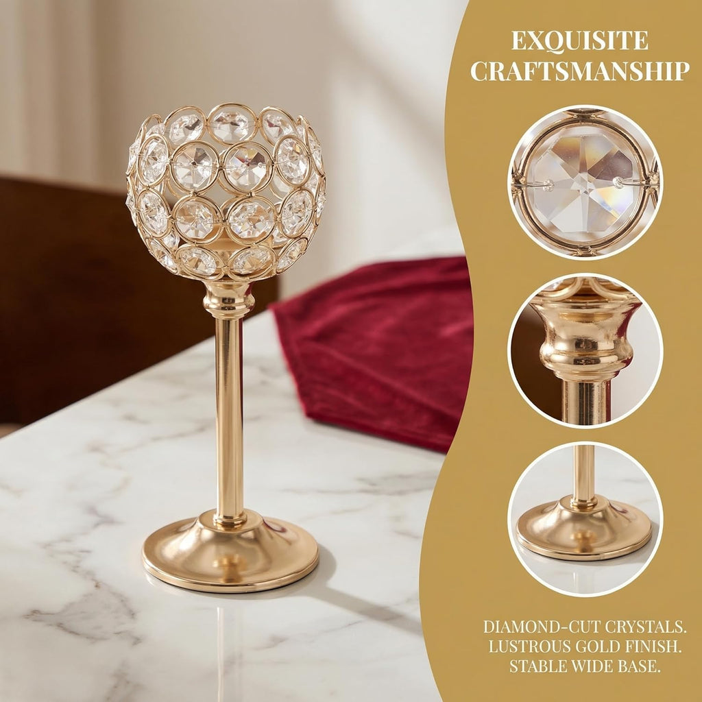 Crystal Candle Holders 2 Set of 6 - Gold Vintage Hollow Ball Candle Stand for Table Centerpiece, Crystal Metal