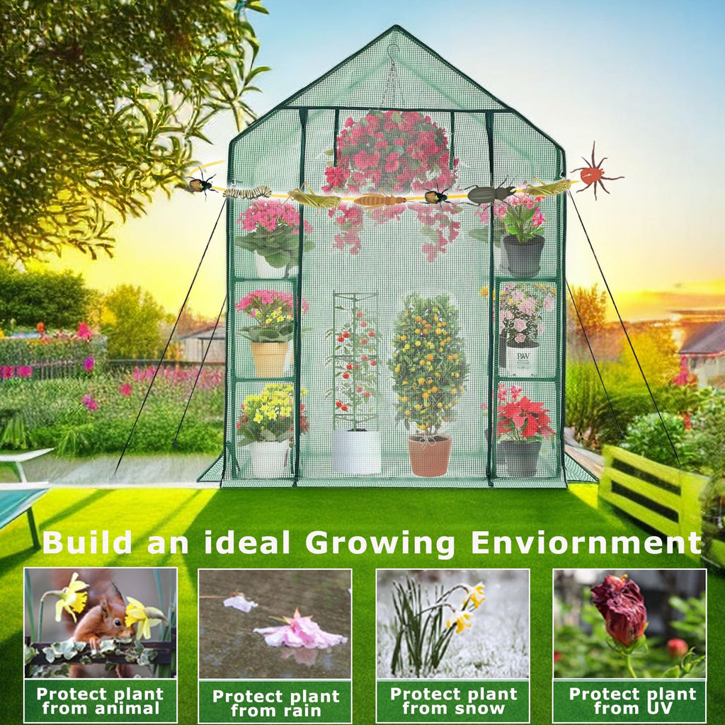 Walk-in Greenhouse for Outdoors w/ Mesh Side Windows, 3 Tiers 6 Shelves PE Cover Green House Portable Warm House for