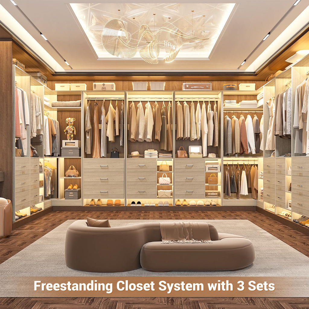 Closet System with 6 Drawers, 4 Hanging Rods & Corner Tower, Corner Closet System with Hanging, 84.6" L-Shaped