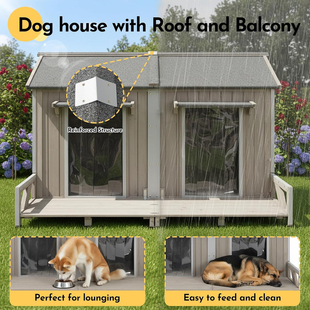 59''L Extra Large Dog House with 2 Doors, Wooden XL Dog House Outdoor Weatherproof with Chew-Proof Iron Frame