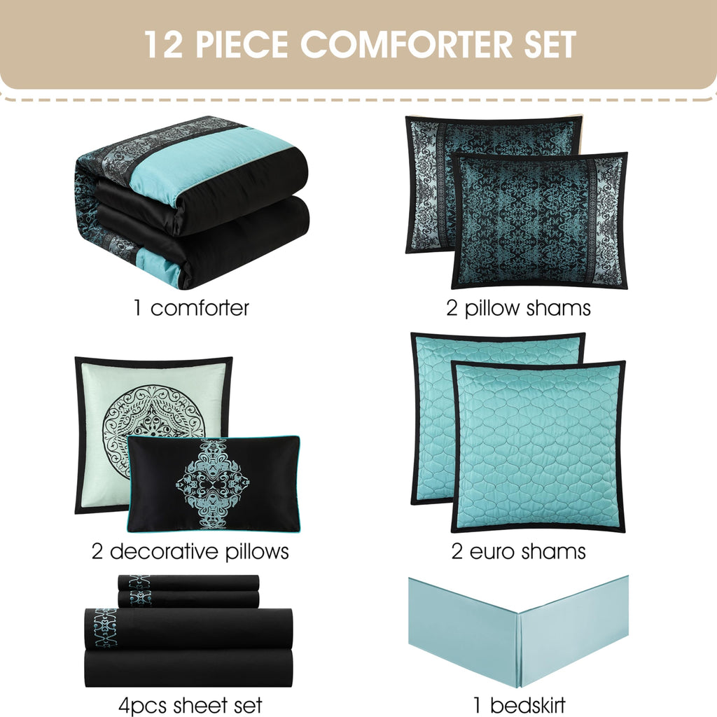 Black & Teal Comforter Set California King Size, Classic Jacquard Bedding Sets, Faux Silk, Premium Microfiber, 12
