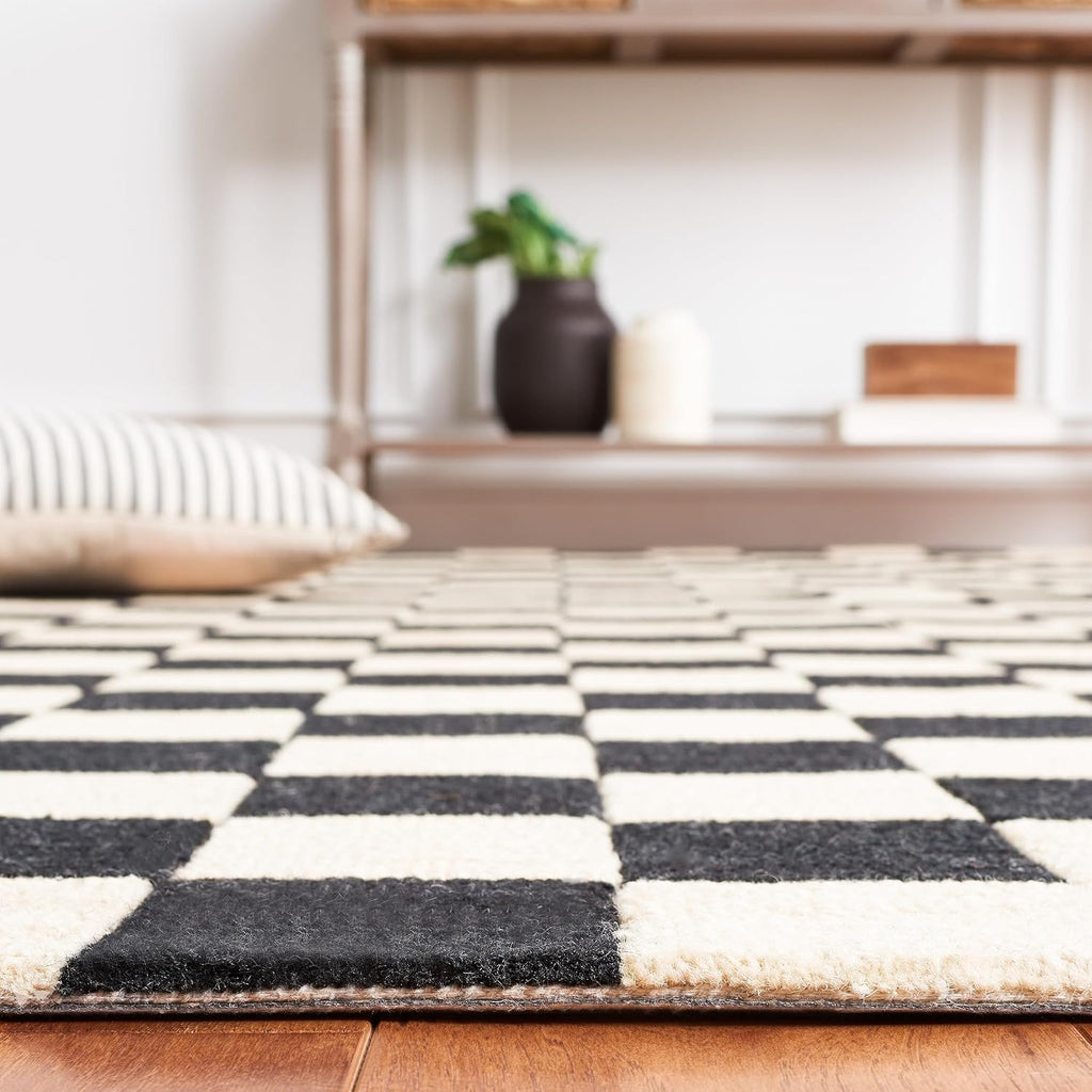 X Area Rug Collection - 6' Square, Black & Beige, Handmade Wool, Checkered Pattern, Ideal, Dining Space (MSR4760Z)