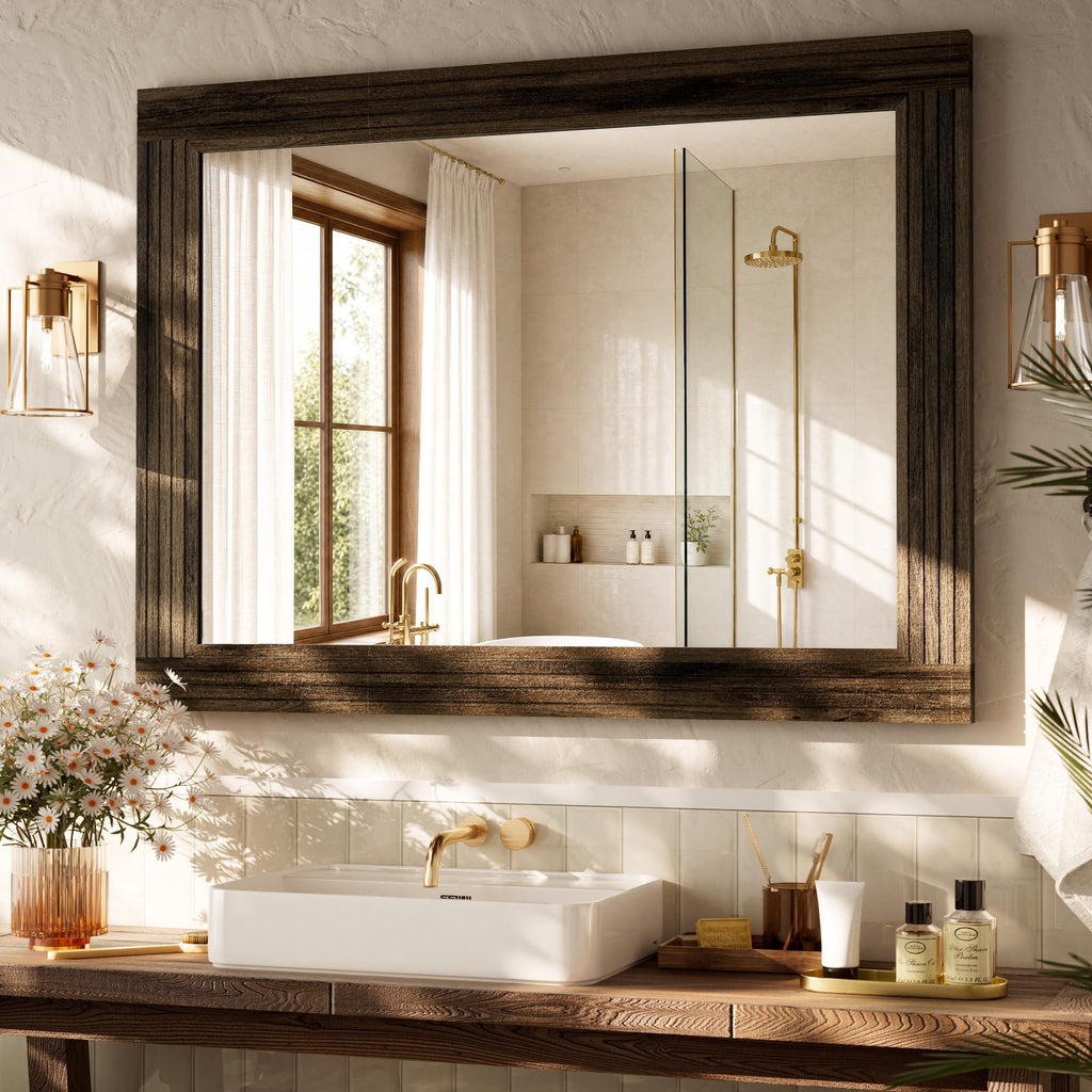 40"x30" Wood Framed Rectangle Farmhouse Rustic Wall Mirror, Brown