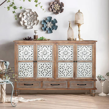 59" Solid Wood Sideboard Buffet Carved Storage Cabinet with Drawers