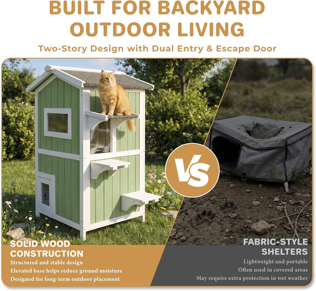 2-Story Weatherproof Wooden Outdoor Cat House