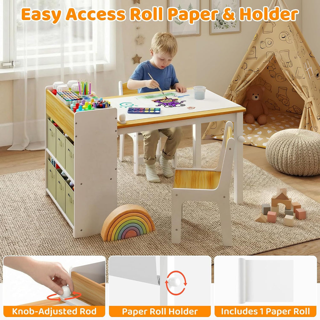 Kids Art Table and Chairs, Wooden Kids Craft Table and Chairs with Storage Bins and Paper Roll, Toddler Activity Play