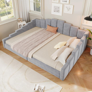 Upholstered Queen Size Daybed with Nailhead Trim, Velvet Platform Bed Frame, No Box Spring Needed, Gray | Velvet