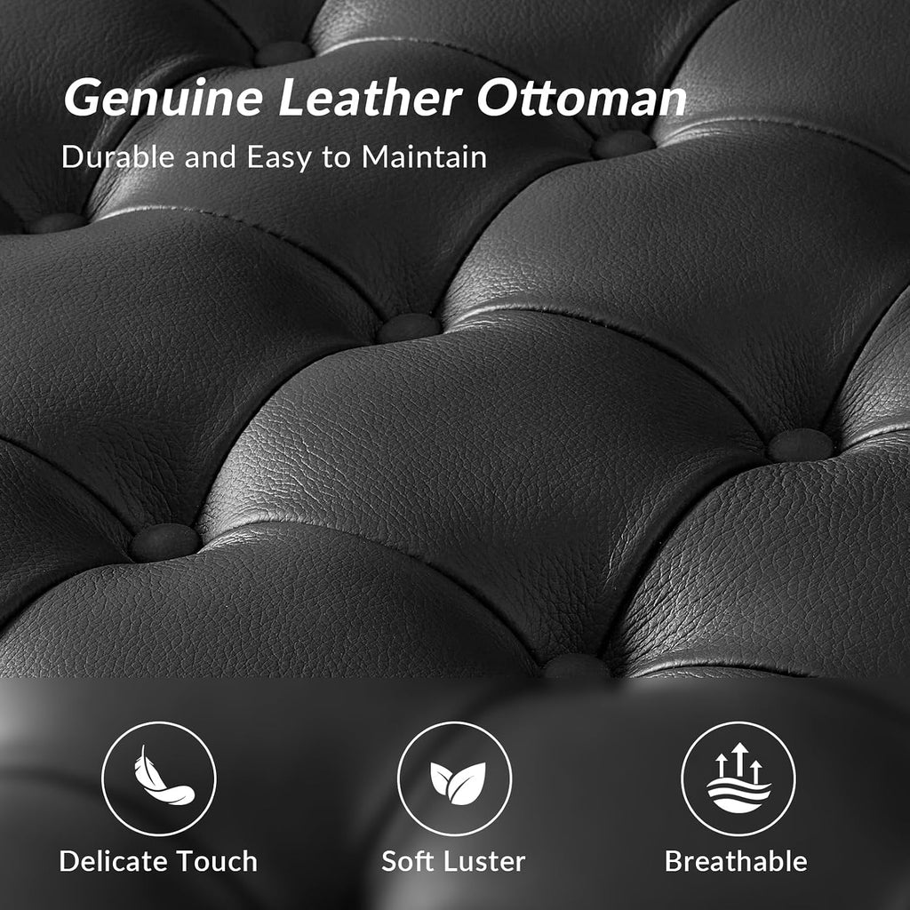 36" Genuine Leather Square Tufted Ottoman Coffee Table, Black | Button Tufted Style, Solid Wooden Flared Legs