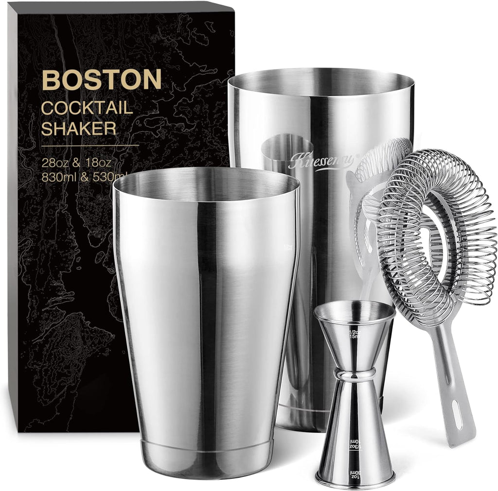 Boston Cocktail Shaker Set, 4-Piece Boston Shaker Tins Bartender Kit with 18oz & 28oz Mixed Drink Shaker, Hawthorne