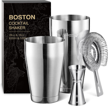 Boston Cocktail Shaker Set, 4-Piece Boston Shaker Tins Bartender Kit with 18oz & 28oz Mixed Drink Shaker, Hawthorne