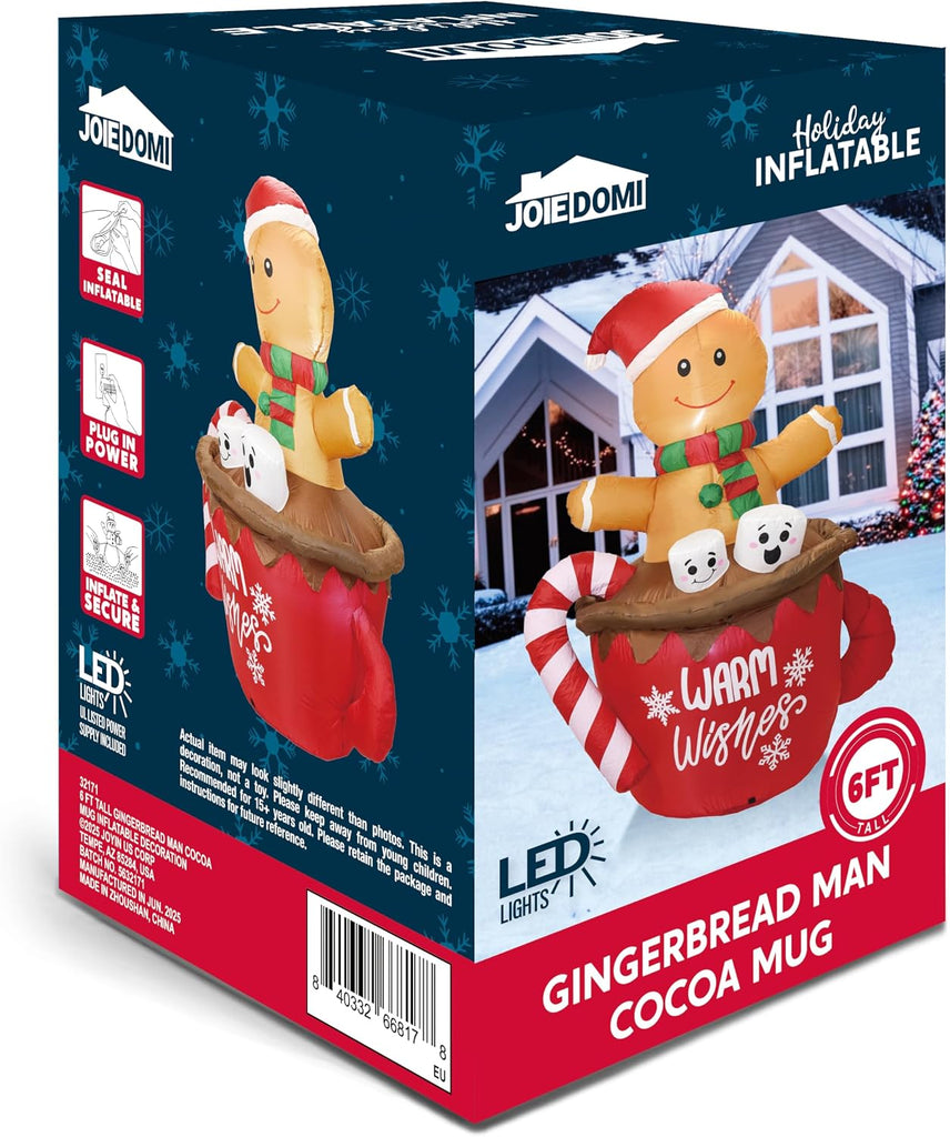 6 FT Christmas Inflatables Gingerbread Outdoor Decorations, Gingerbread Man in Hot Cocoa Mug with LEDs, Cute