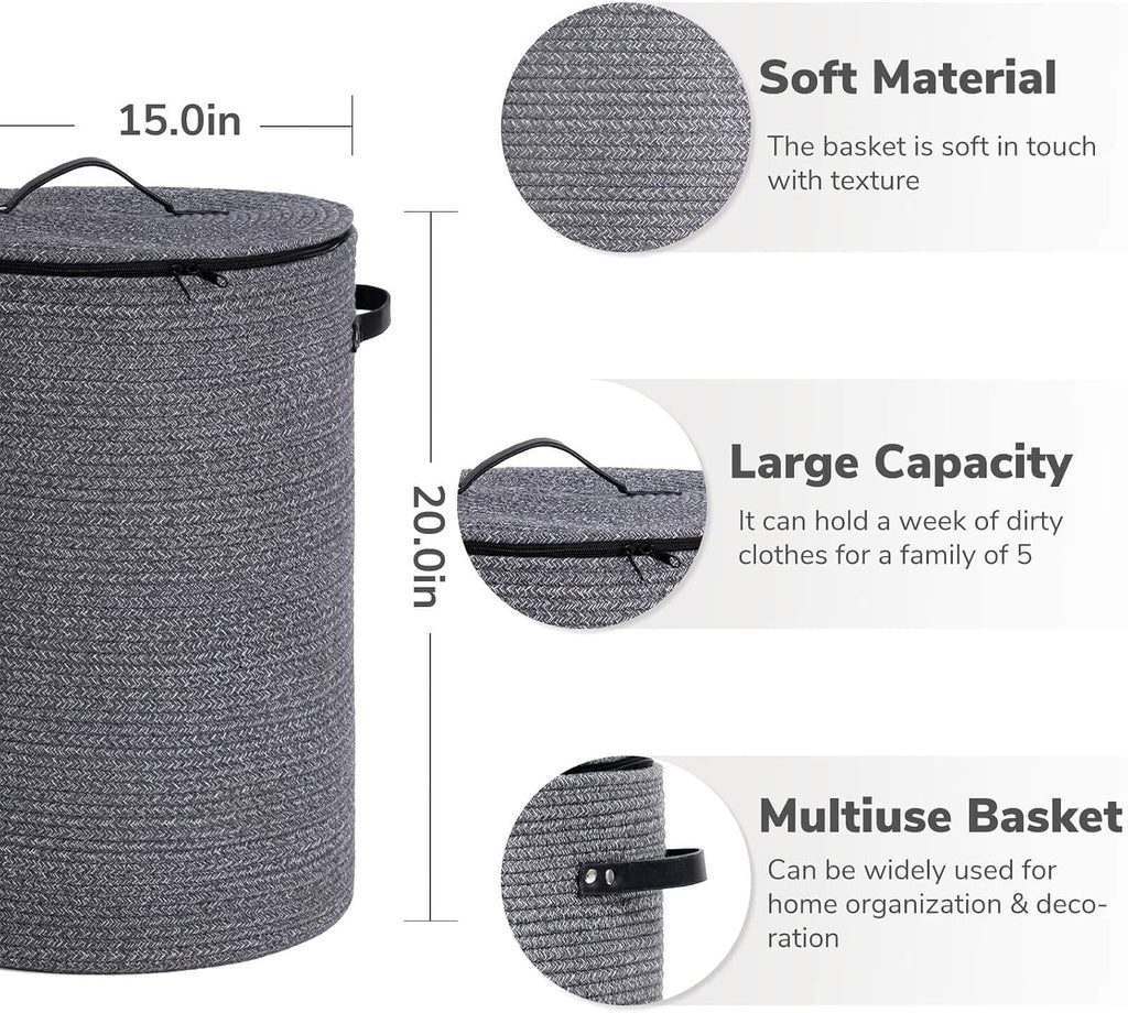 Large Woven Laundry Basket with Lid & Leather Handles, 60L, Grey | 15" x 20" Tall Laundry Hamper, Storage Basket for