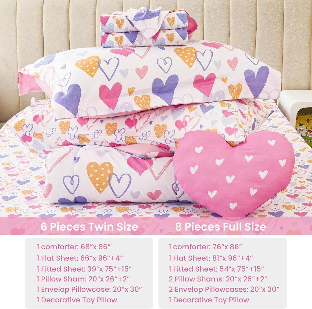 Full Comforter Sets for Girls Kids, 8 Pieces Bed in a Bag Pink Heart Bedding Comforter Sheet Set with Shams and
