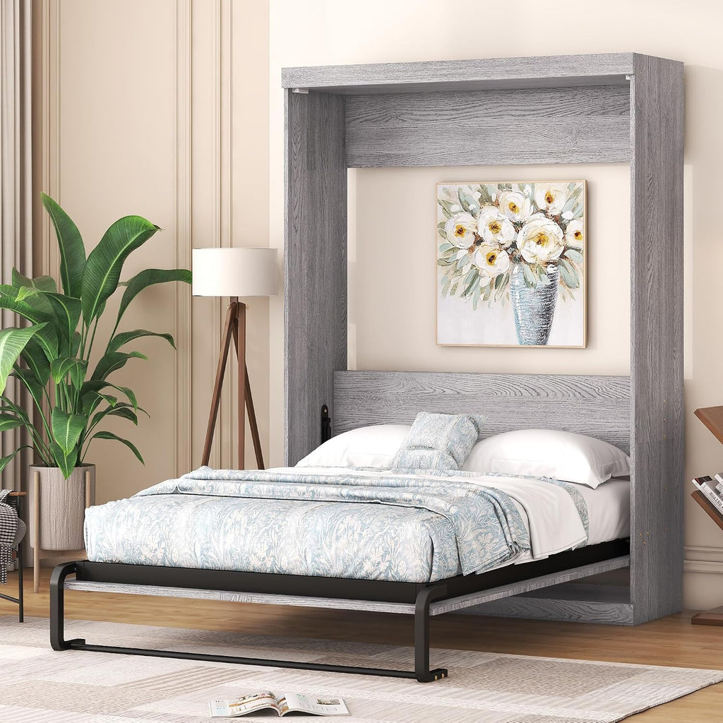 Full Murphy Bed,Modern Hidden Murphy Wall Chest Beds with Space-Saving Design,84.1" Wood Murphy Wall Bed Cabinet with Pinewood Slat Support,for Bedroom,Apartment,Gray