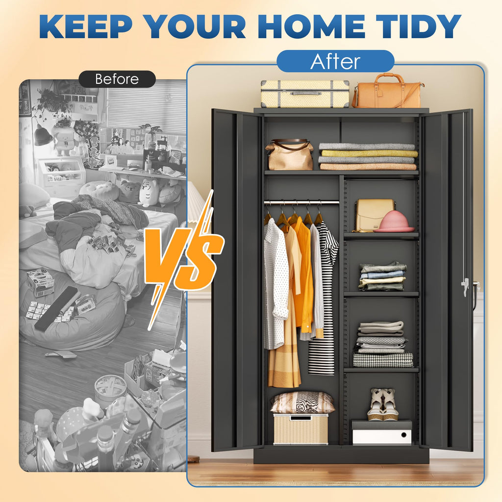 Metal Wardrobe Cabinets with Lock, 72" Clothing Storage Cabinets with Hanging Rod and 4 Adjustable Shelves, Armoire