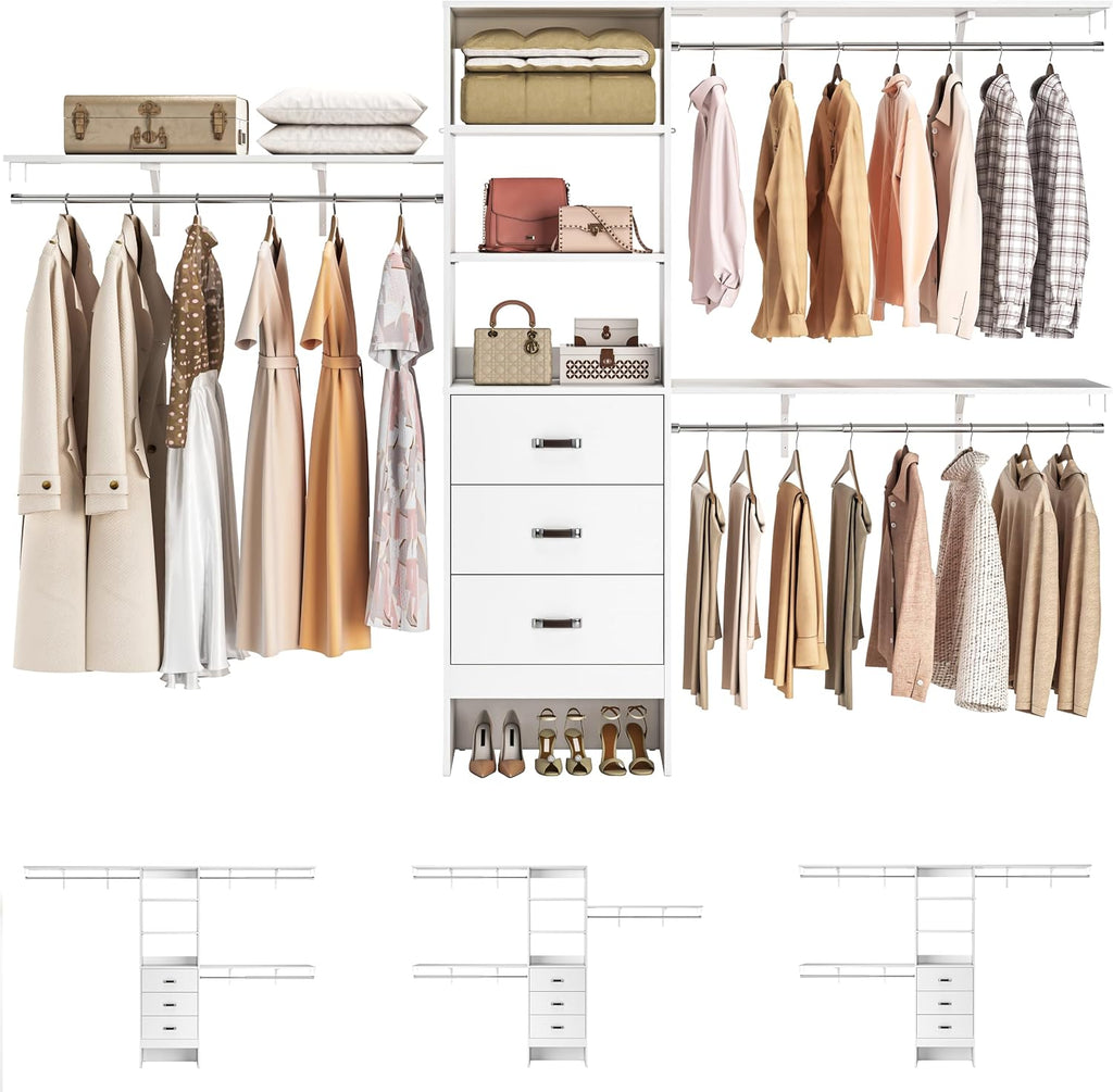 120 Inches Closet System, 10FT Walk In Closet Organizer with 3 Shelving Towers, Heavy Duty Clothes Rack with 3