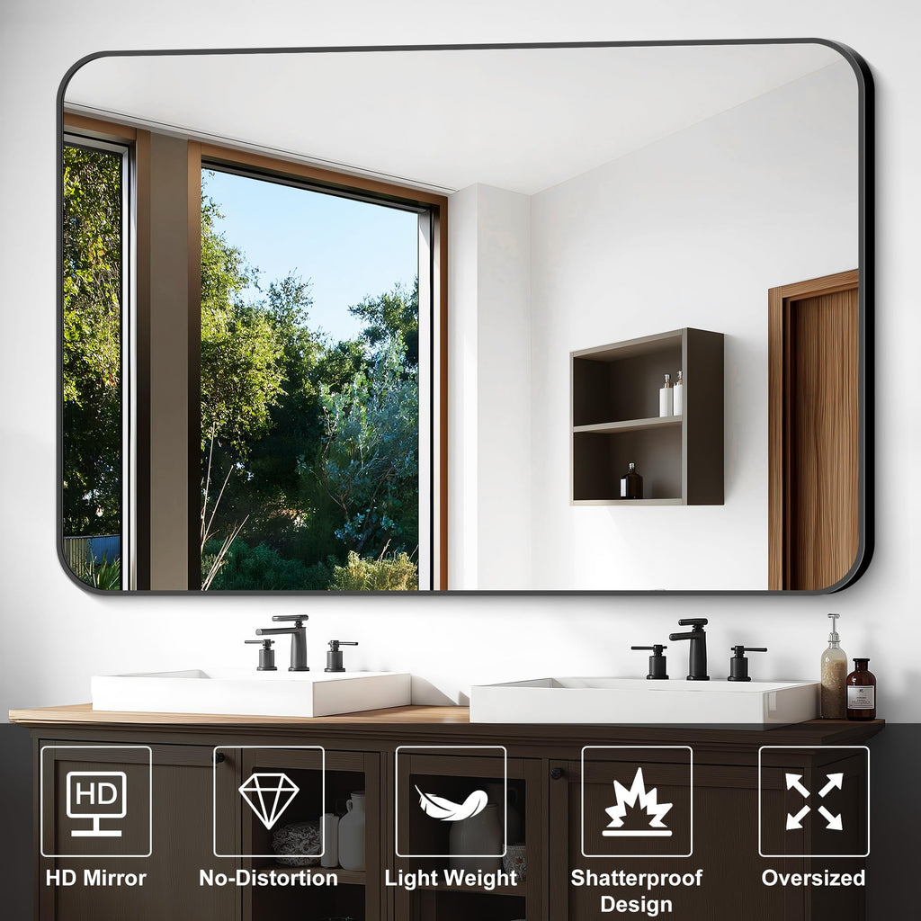 Large Bathroom Mirror, 60 x 40 inch Black Rectangle Mirror, Metal Framed Rectangular Vanity Mirror, Rounded Corner