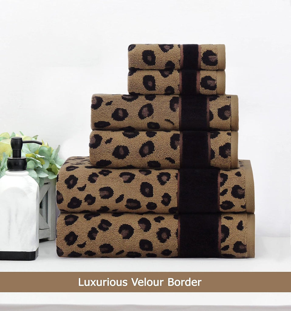 6 Piece Towel Set - 100% Cotton Animal Print Safari Towels | Soft Absorbent Leopard Cheetah Jacquard Bathroom Towels