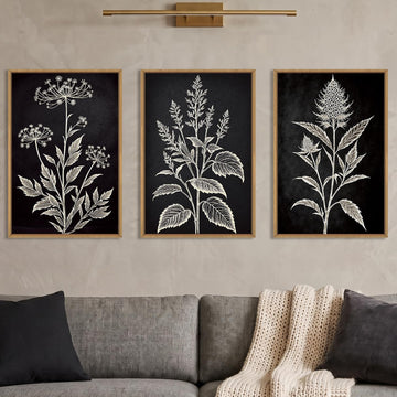 Vintage Black Floral Framed Canvas Wall Art Set, Minimalist Botanical White Flower Wall Decor, Modern Moody Wildflower