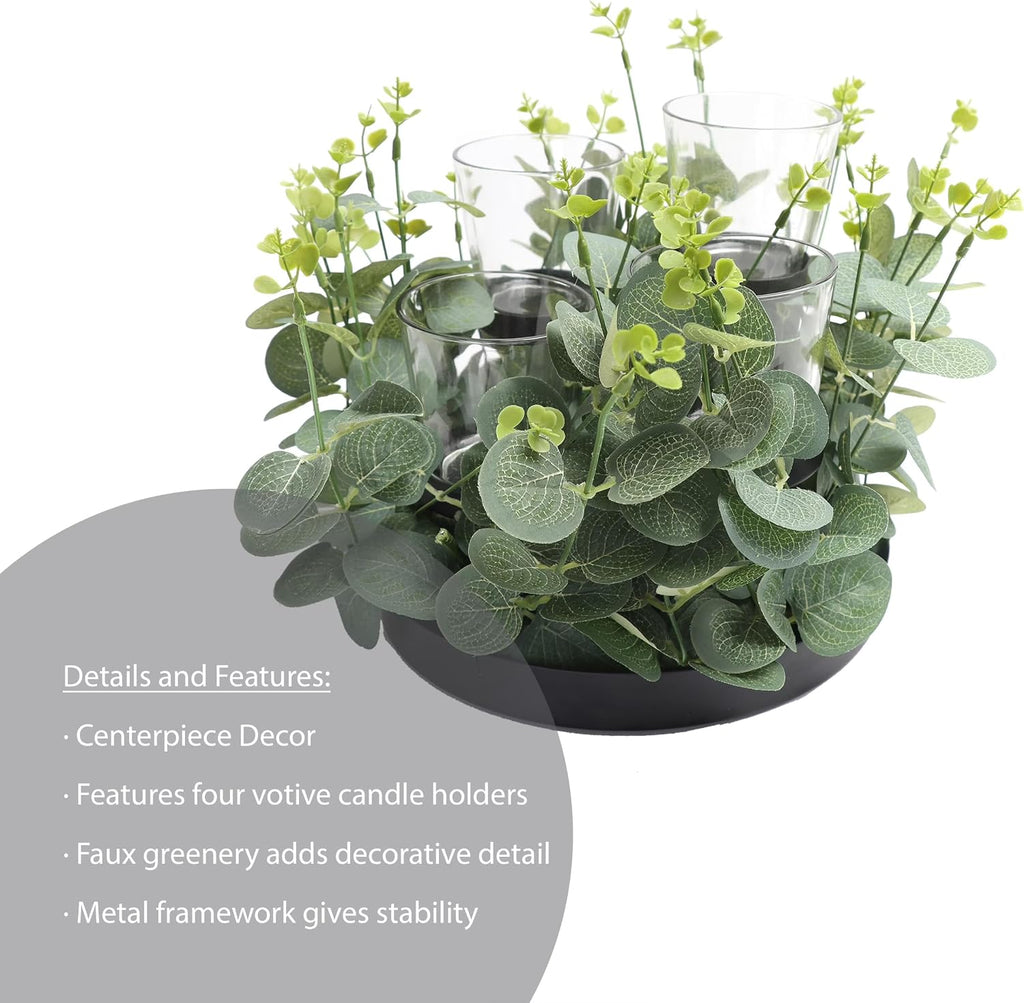 Decorative Black Metal Tealight Votive Candleholder with Faux Florals | Centerpiece, 7.87" H