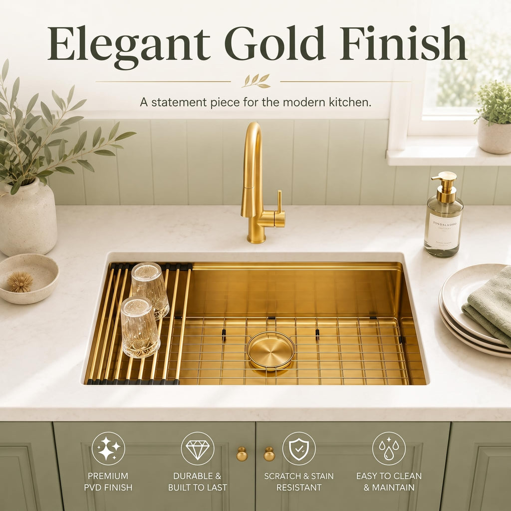 Gold Undermount Kitchen Sink 33"x19", 16 Gauge Stainless Gold Sinks