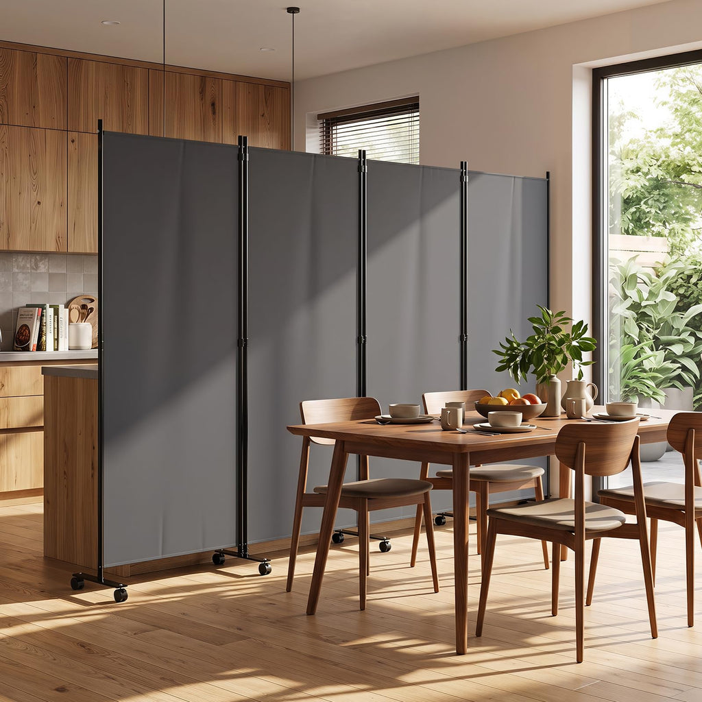 4-Panel Folding Room Divider with Wheels, 137'' x 71'', Gray