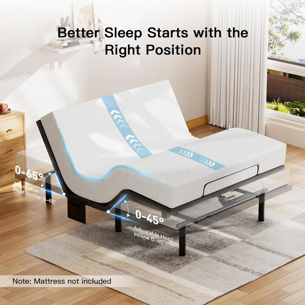 Queen Adjustable Bed Frame, Electric Bed Base with Head & Foot Incline, USB-A & USB-C Ports, LED Under-Bed Lighting