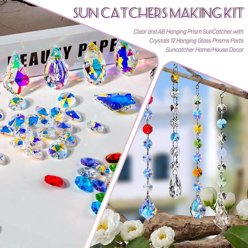212pcs Sun Catcher Crystals Making Kit for Adults Clear Hanging Prism Sun Catcher with Crystals Rainbow Maker 12