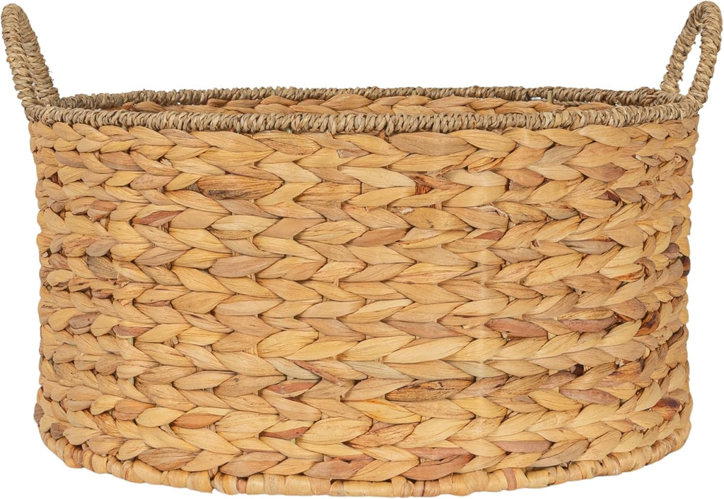 Round Handwoven Water Hyacinth and Seagrass Basket with Handles, Natural