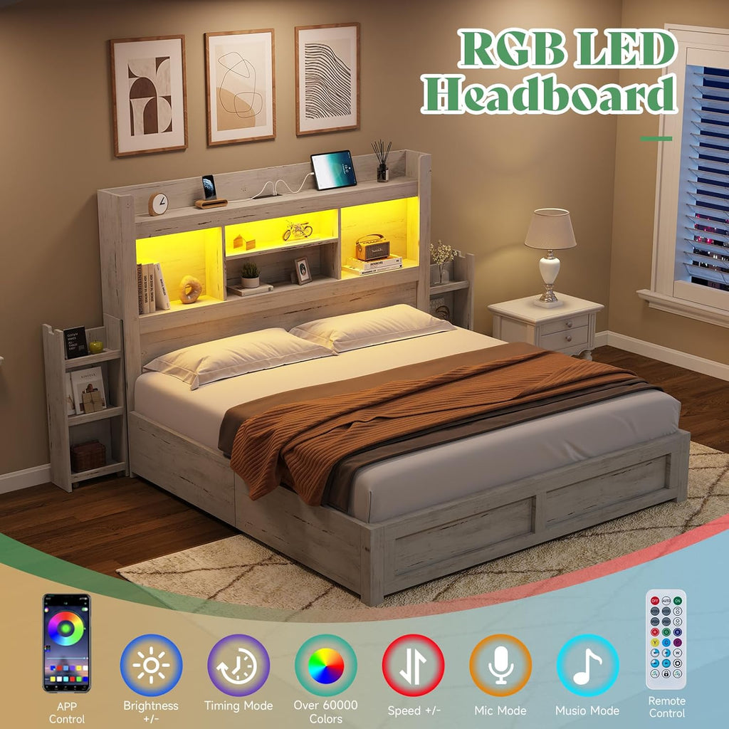Queen Bed Frame with 4 Storage Drawer, LED Bed Frame with 49.6" Tall Bookcase Headboard, Wood Platform Bed with