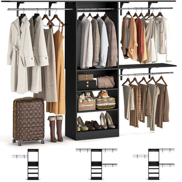 8FT Closet System with 3 Wooden Storage Shelves, 96'' Closet Organizer System with 3 Hanging Rods, Wall Mount Bedroom
