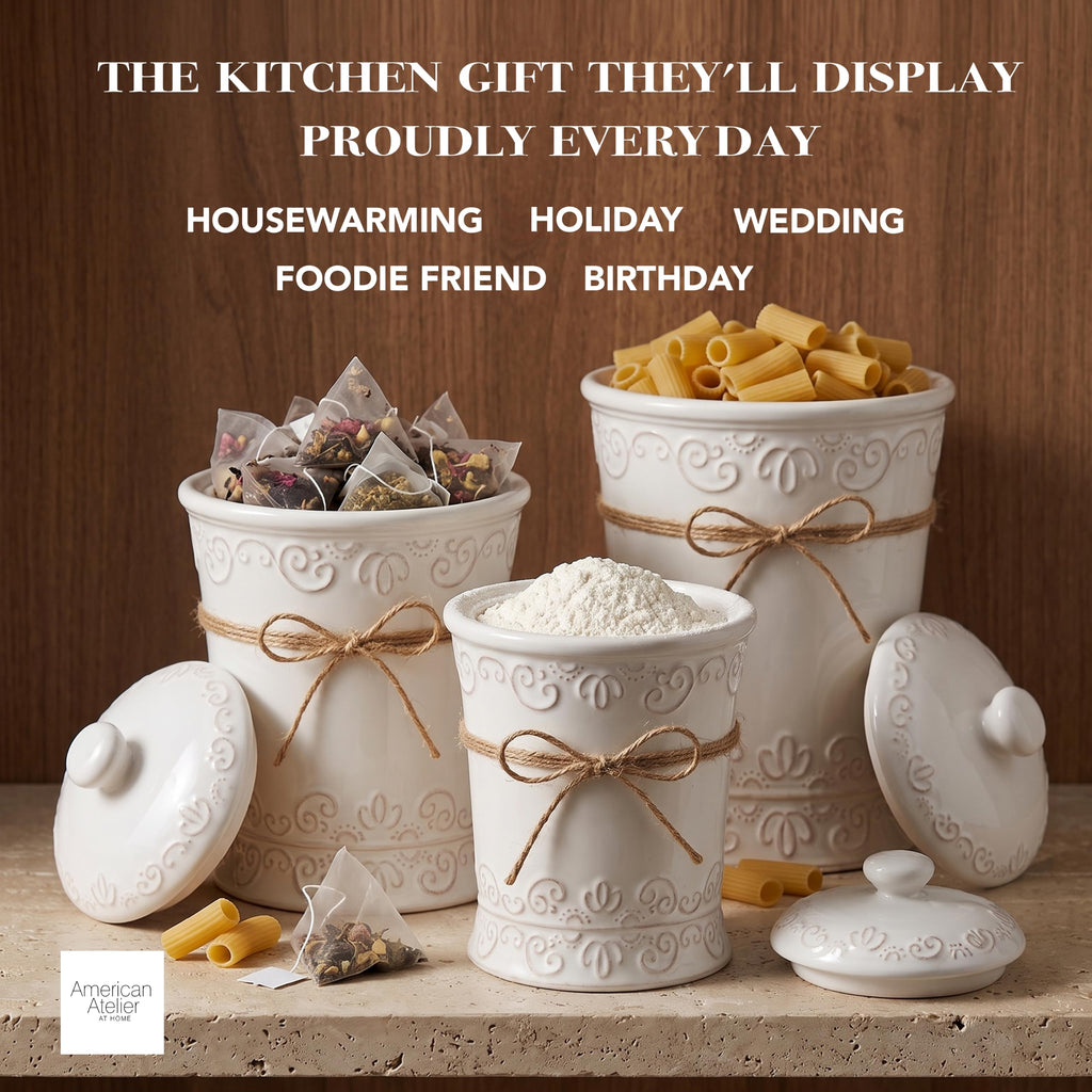 Ceramic Kitchen Canister Set Bianca Scroll White, 3 PC