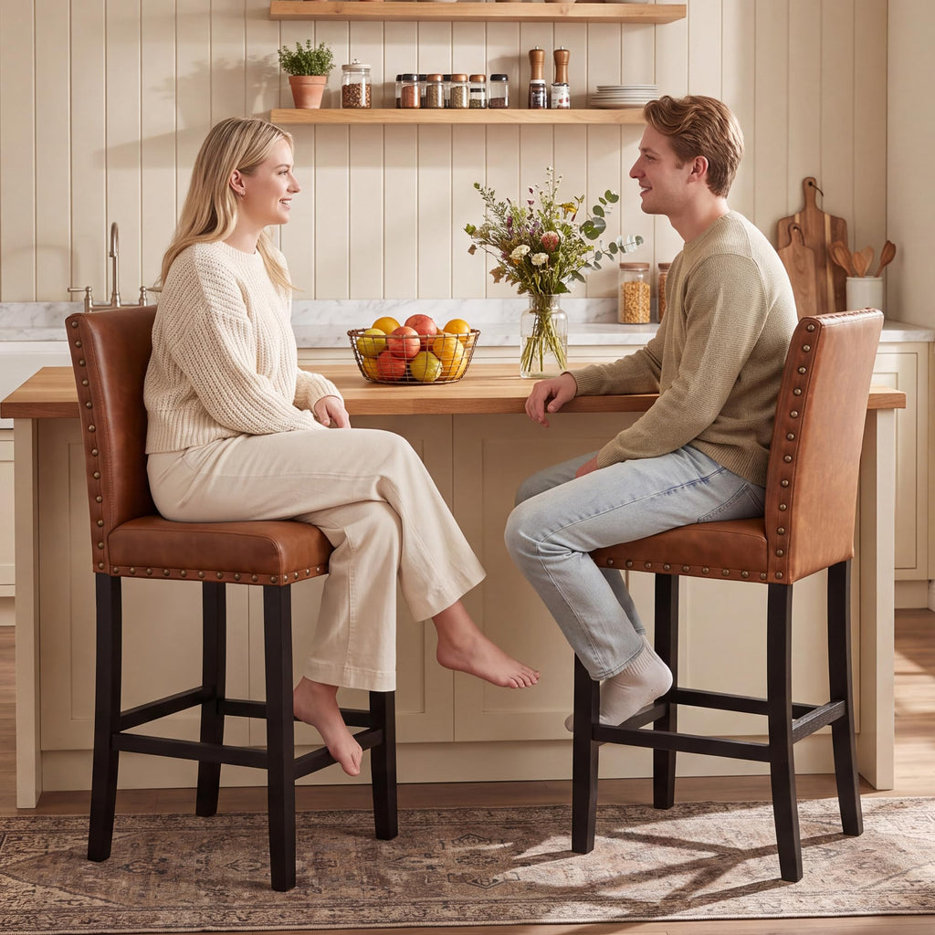 Upholstered Counter Stool, 24" Seat Height, Solid Wood Frame, 300 lbs Cap, PU Leather or Fabric, Nailhead Trim