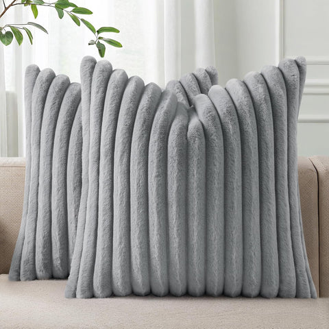 Faux Fur Plush Throw Pillow Covers 18x18 Set of 2, Luxury Soft Fluffy Striped Decorative Pillow Covers, Grey