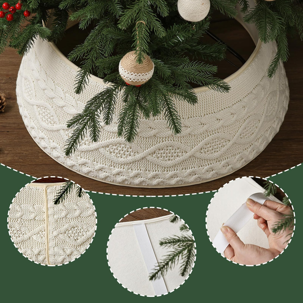 Knitted Christmas Tree Collar: Rustic Cream White Cable Knit Christmas Tree Collar for Artificial Trees, Crossed