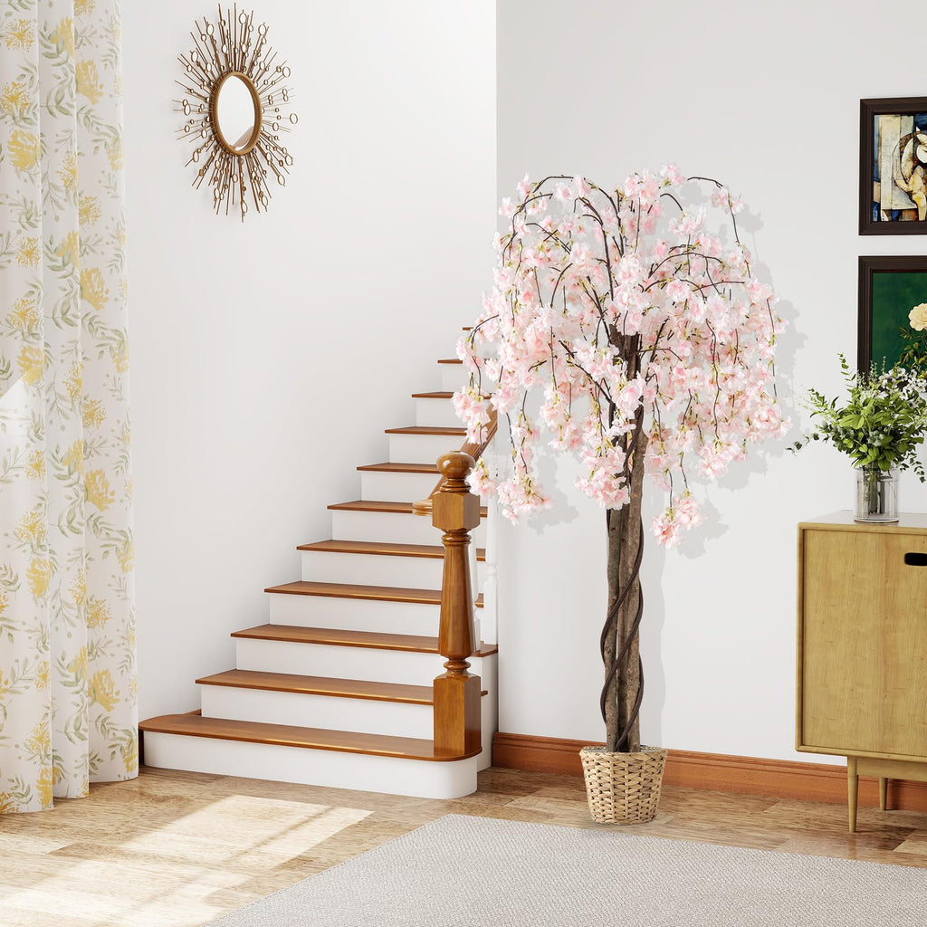 5.5FT Artificial Cherry Blossom Tree, Fake Flower Tree, Faux Floral Plant Blooming Tree Pot with White Flowers, Tall
