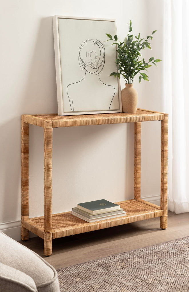 Rafina Coastal Rattan Rectangle Console Table, 36 x 12 x 30, Natural Brown, Decorative Tiered Rectangle Entryway