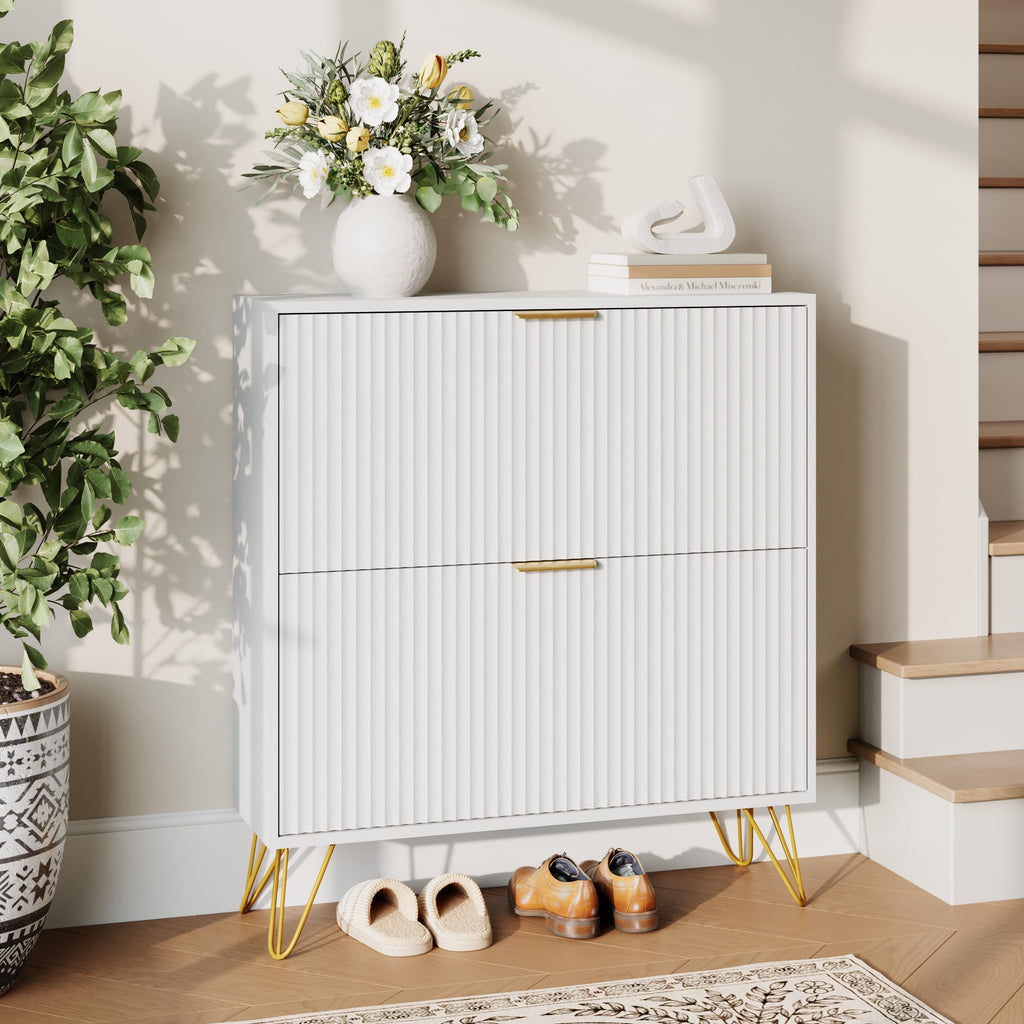 34.4" H Fluted Shoe Storage Cabinet with 2 Flip Drawers, White[Hidden Shoe Cabinet Storage, Narrow Freestanding Shoe