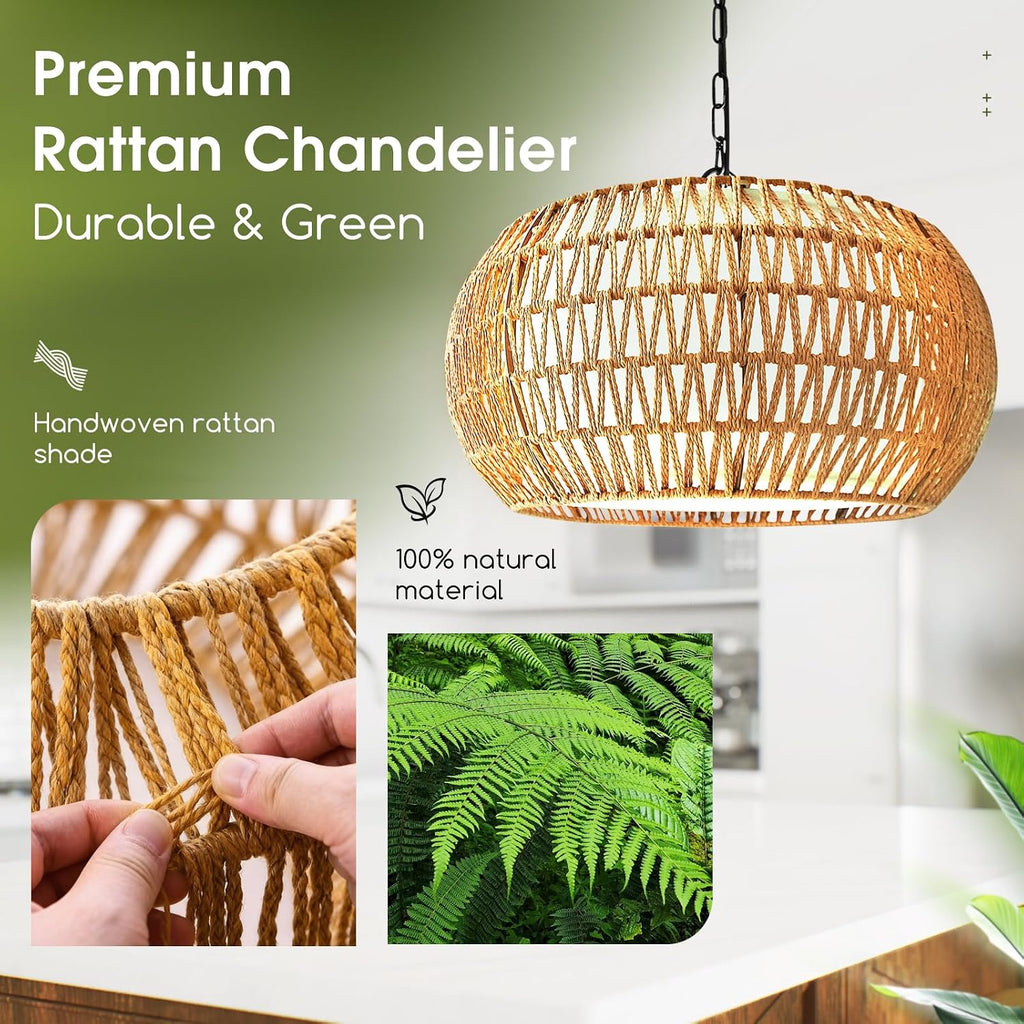5-Lights Boho Rattan Chandelier for Dining Room, 19" Farmhouse Chandelier Light Fixtures with Fabric Shade, Large