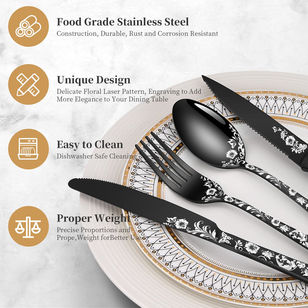 24-Piece Black Silverware Set with Steak Knife, Black Flatware Sets for 4, Stainless Steel Cutlery Set Includes Forks