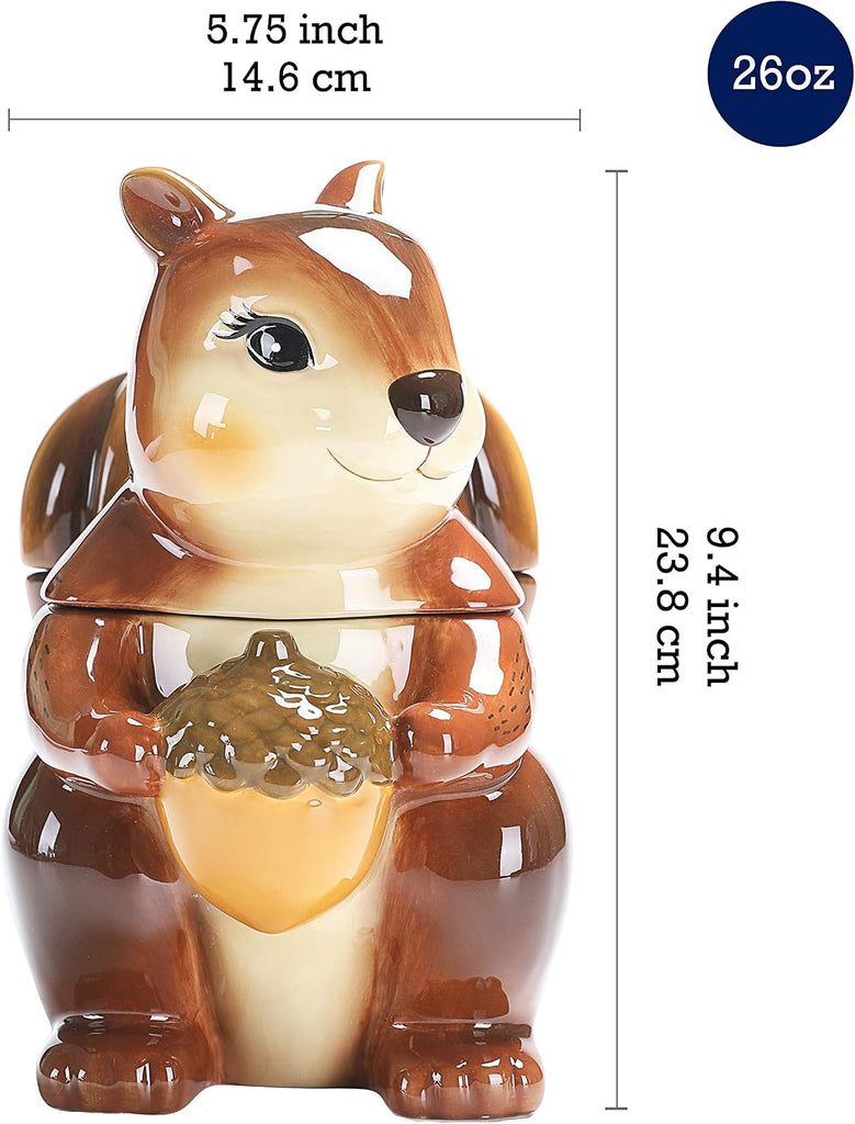 Squirrel 8 inch Air Tight Cookie Jar, Hand Painted Ceramic Container, Dishwasher Safe