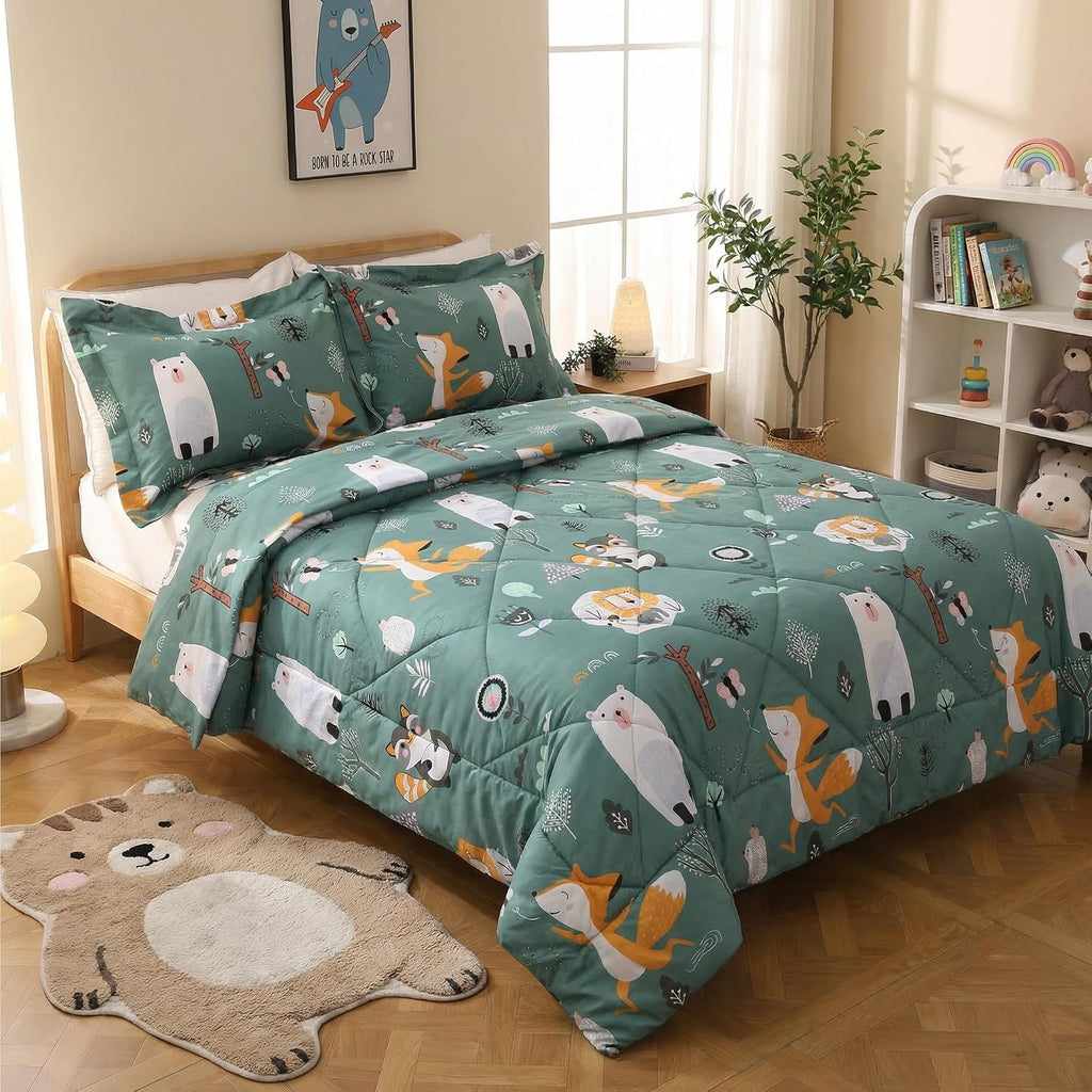 Green Forest Animals Kids Comforter Set Full, 3 Piece Woodland Printed Microfiber Bedding Set, Machine Washable