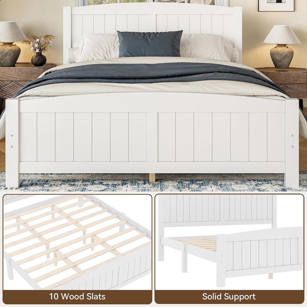 Queen Farmhouse Bed Frame with Headboard & Footboard, White Mid-Century Modern Platform Bed Queen, Vintage Solid Wood