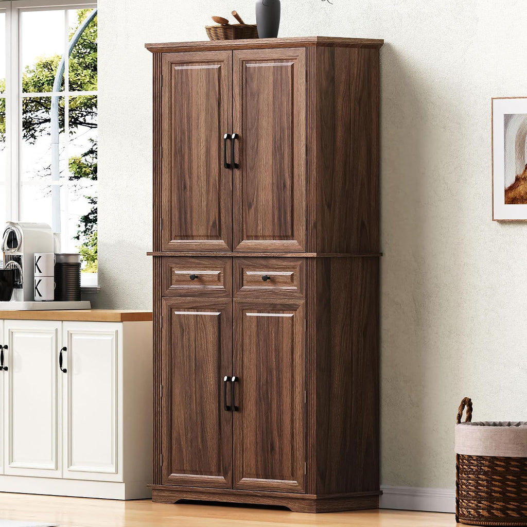 71" Farmhouse Pantry Cabinet with Pull Out Shelves & Drawers | Embossed texture, 3 pull out organizers, 6 door