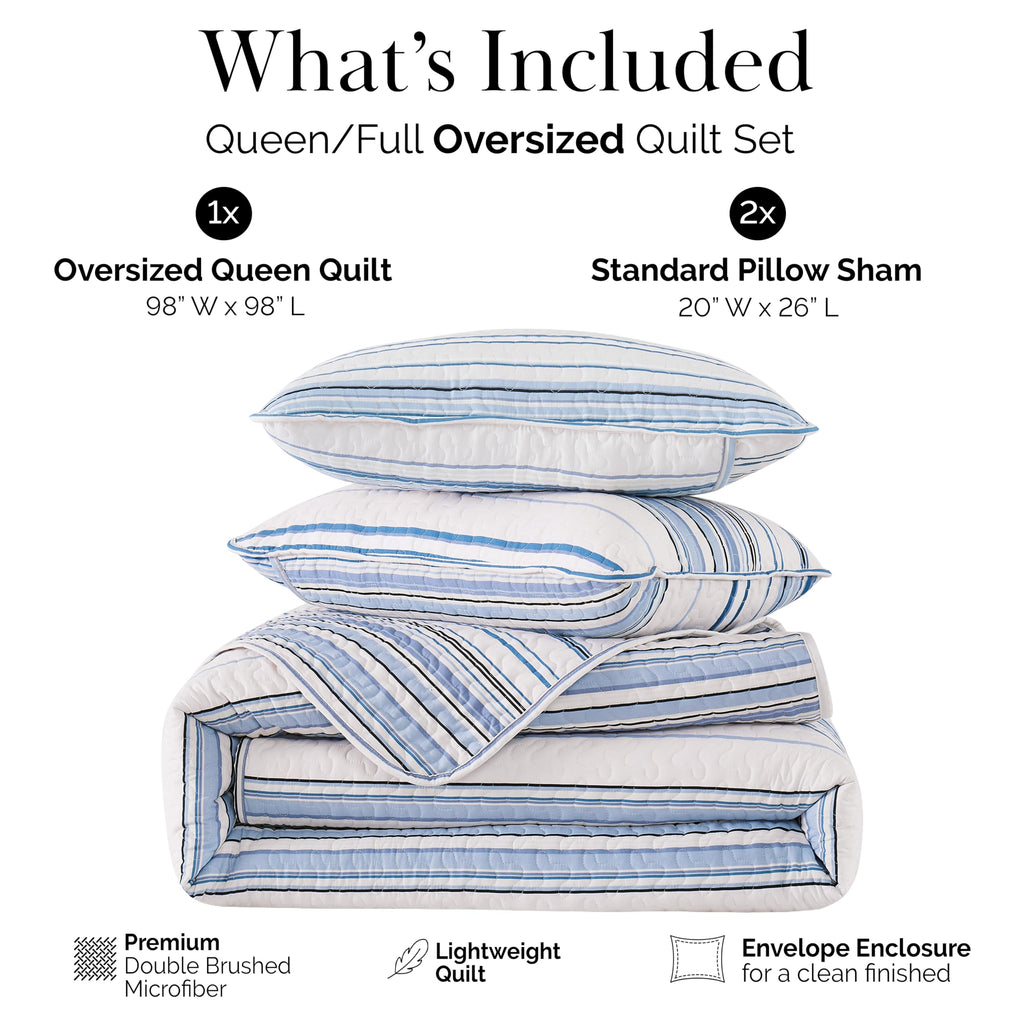 Oversized Quilt Set w/ 2 Quilted Pillow Shams, Blue Stripes Quilts