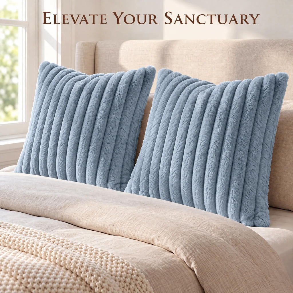 Set of 2 Decorative Throw Pillow Covers 20x20 Fall Faux Fur Light Blue