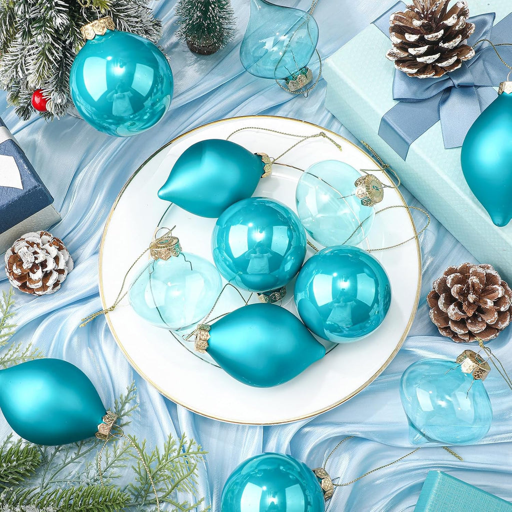 Turquoise Green Glass Christmas Ball Ornaments Set 3.15" - Set of 12